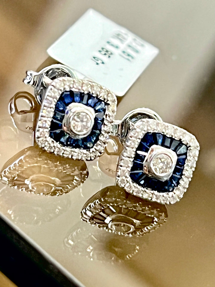 14K WHITE GOLD SQUARE CUSHION DIAMOND SAPPHIRE EARRINGS