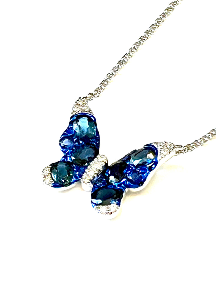 14K WHITE GOLD BLUE SAPPHIRE &amp; DIAMONDS BUTTERFLY PENDANT NECKLACE
