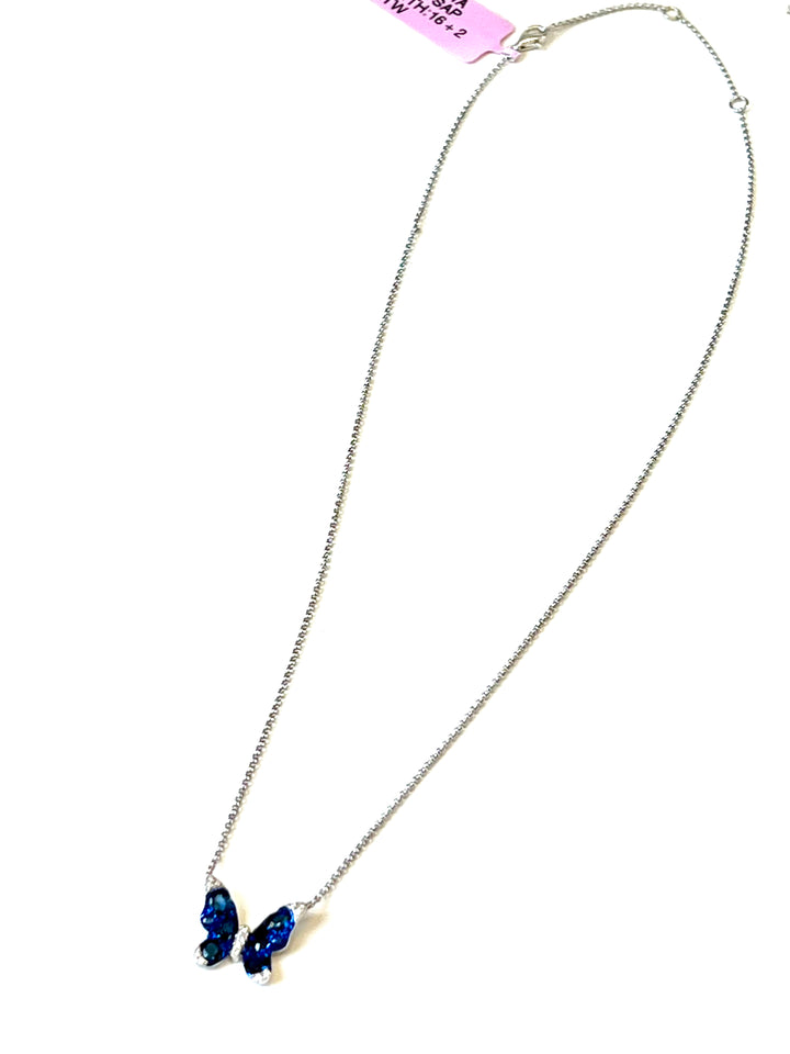 14K WHITE GOLD BLUE SAPPHIRE &amp; DIAMONDS BUTTERFLY PENDANT NECKLACE