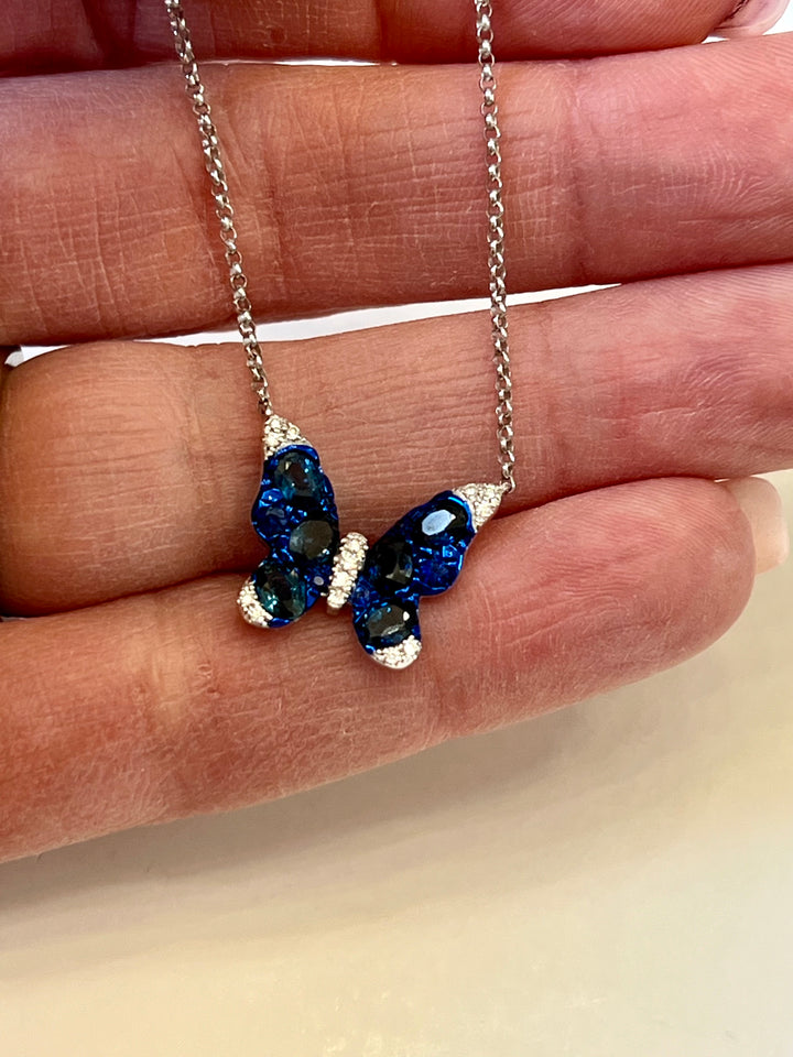 14K WHITE GOLD BLUE SAPPHIRE &amp; DIAMONDS BUTTERFLY PENDANT NECKLACE