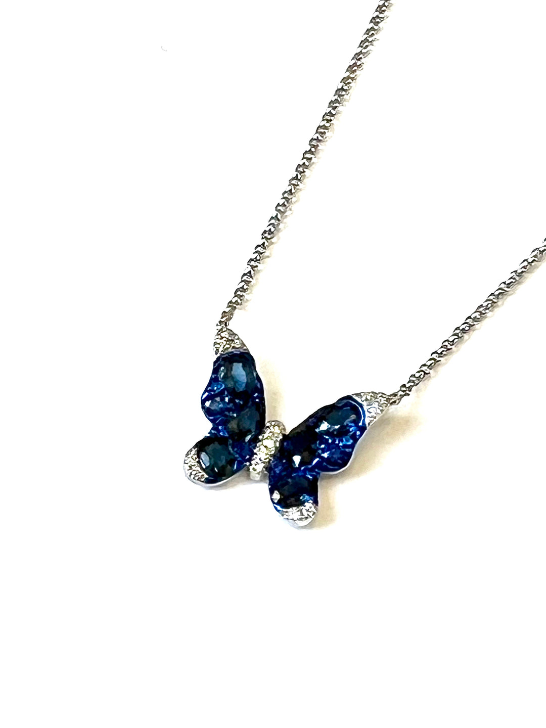 14K WHITE GOLD BLUE SAPPHIRE &amp; DIAMONDS BUTTERFLY PENDANT NECKLACE