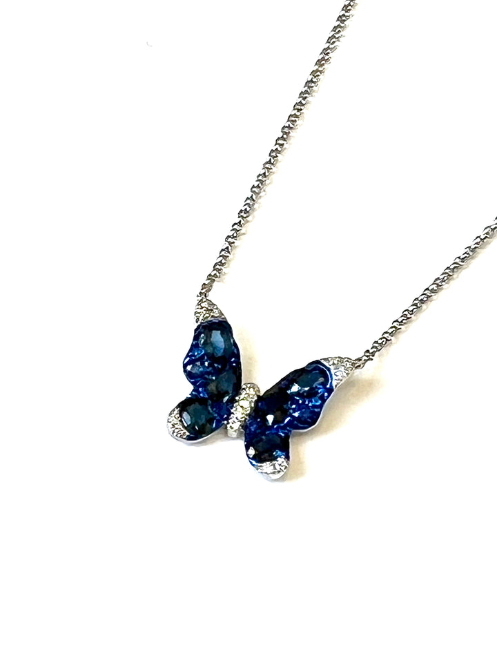 14K WHITE GOLD BLUE SAPPHIRE &amp; DIAMONDS BUTTERFLY PENDANT NECKLACE