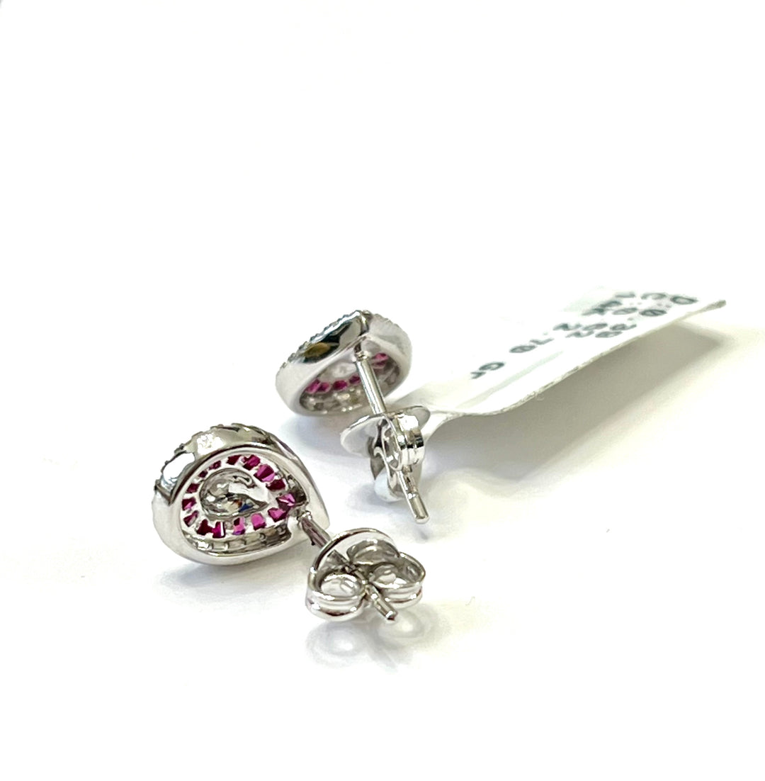 14K WHITE GOLD PEAR SHAPE RUBY &amp; DIAMONDS EARRINGS