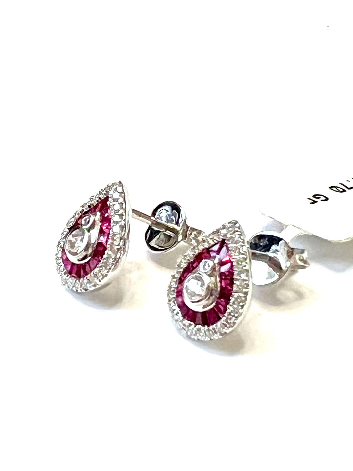 14K WHITE GOLD PEAR SHAPE RUBY &amp; DIAMONDS EARRINGS