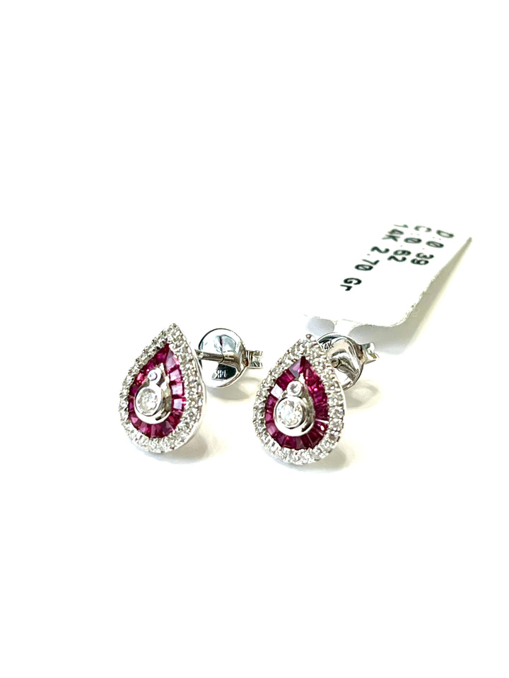 14K WHITE GOLD PEAR SHAPE RUBY &amp; DIAMONDS EARRINGS