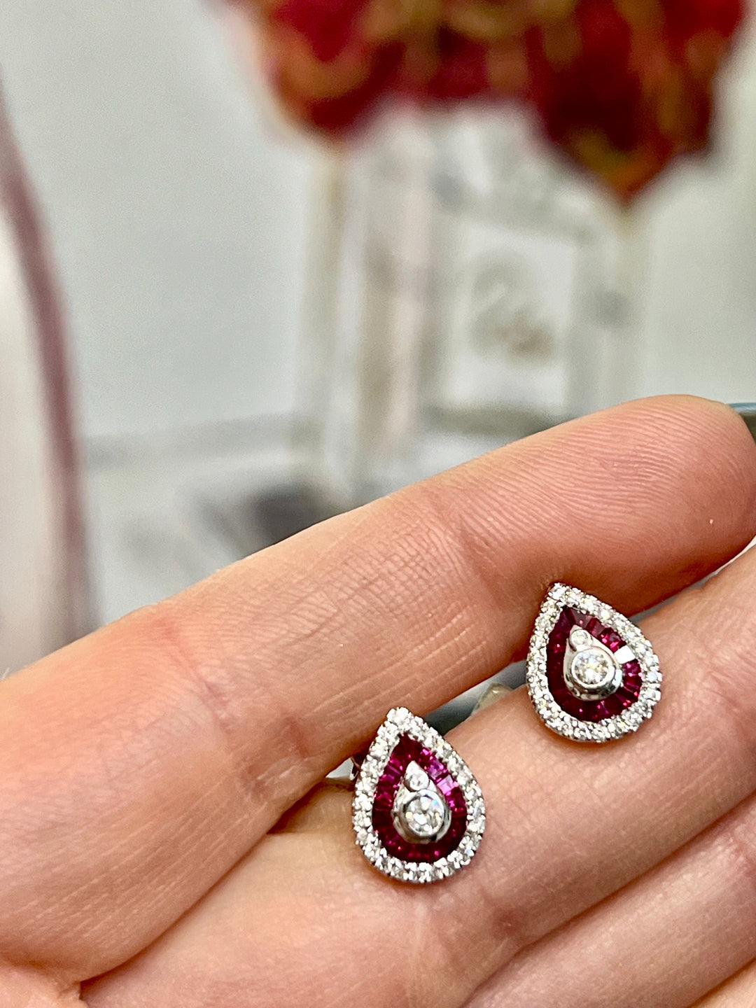 14K WHITE GOLD PEAR SHAPE RUBY &amp; DIAMONDS EARRINGS
