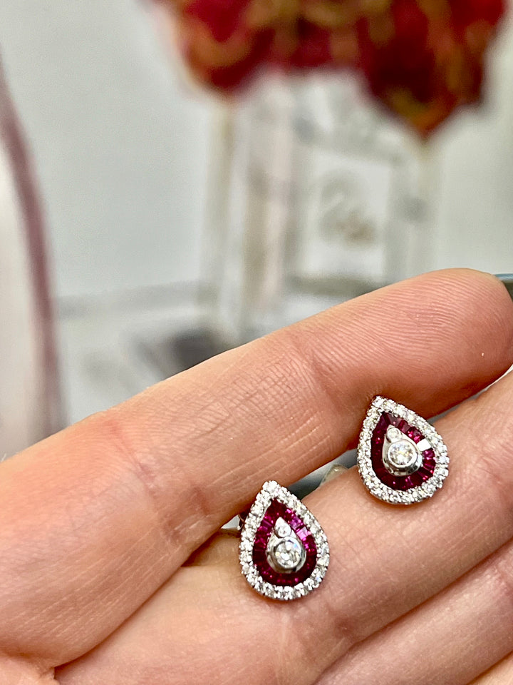 14K WHITE GOLD PEAR SHAPE RUBY &amp; DIAMONDS EARRINGS