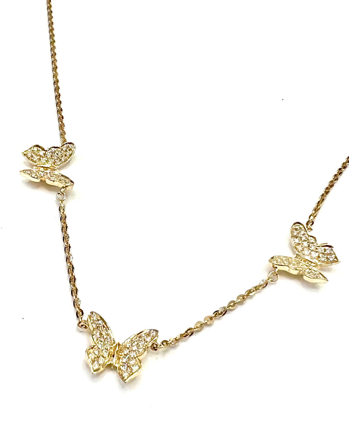 14K YELLOW GOLD AND DIAMOND THREE STATIONS BUTTERFLY NECKLACE