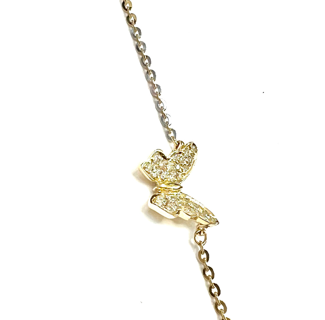 14K YELLOW GOLD AND DIAMOND THREE STATIONS BUTTERFLY NECKLACE