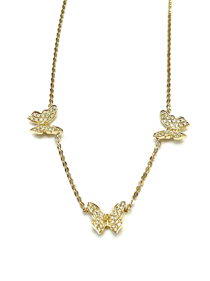 14K YELLOW GOLD AND DIAMOND THREE STATIONS BUTTERFLY NECKLACE