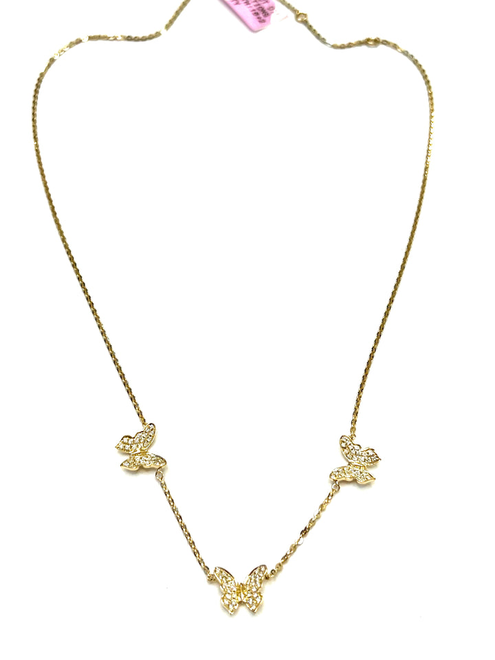 14K YELLOW GOLD AND DIAMOND THREE STATIONS BUTTERFLY NECKLACE