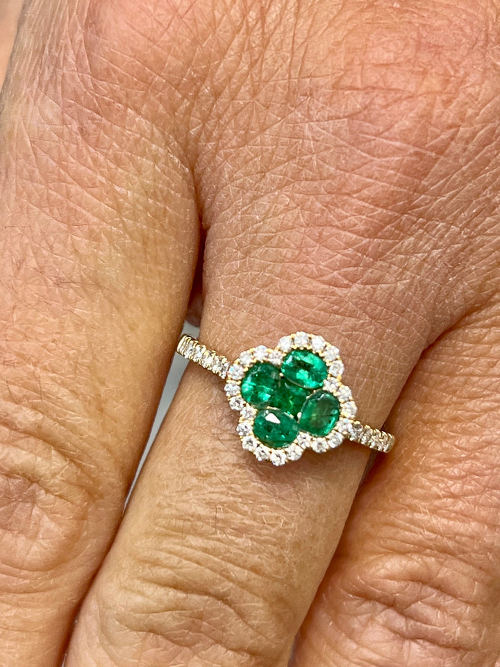 14K YELLOW GOLD EMERALD DIAMOND CLOVER RING