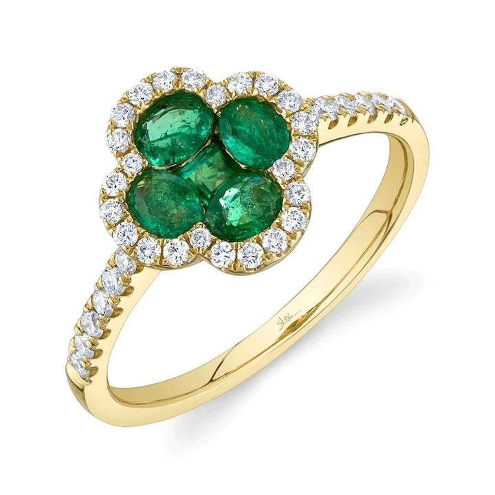 14K YELLOW GOLD EMERALD DIAMOND CLOVER RING