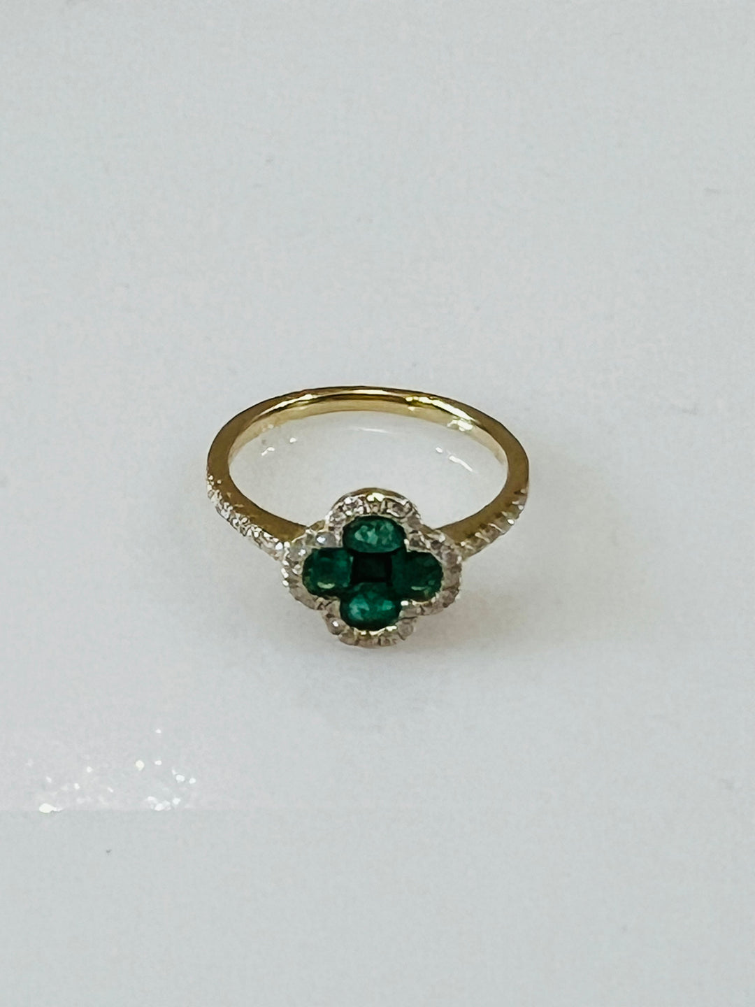 14K YELLOW GOLD EMERALD DIAMOND CLOVER RING