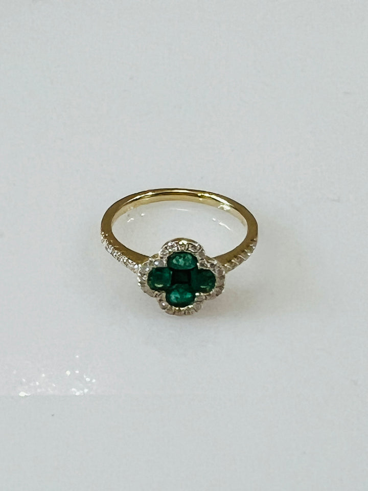 14K YELLOW GOLD EMERALD DIAMOND CLOVER RING