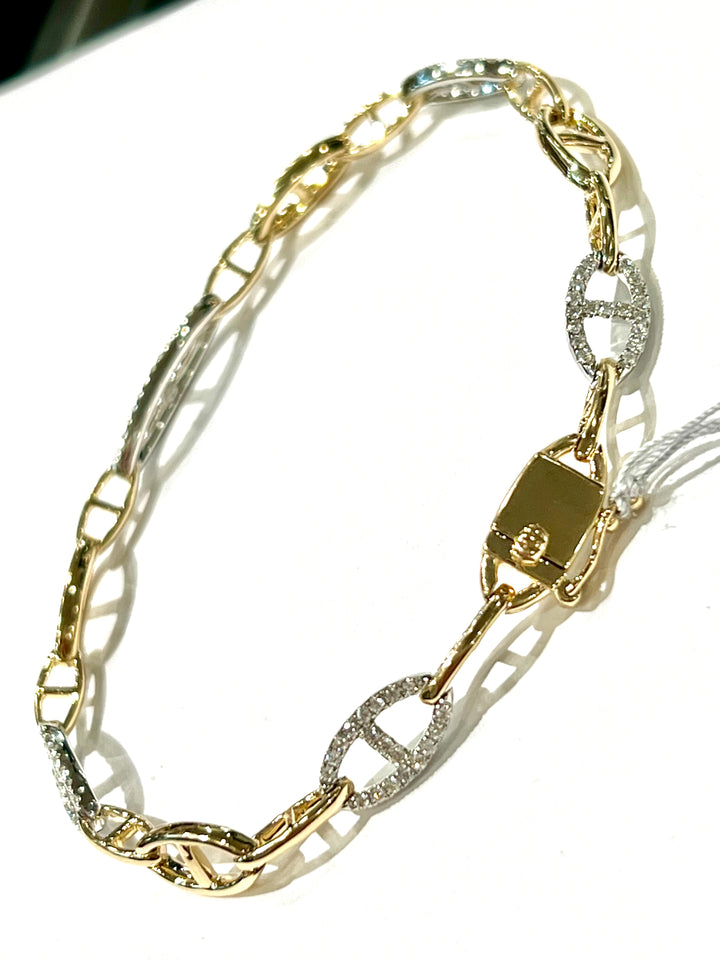14K YELLOW AND WHITE GOLD DIAMOND PAVE LINK BRACELET