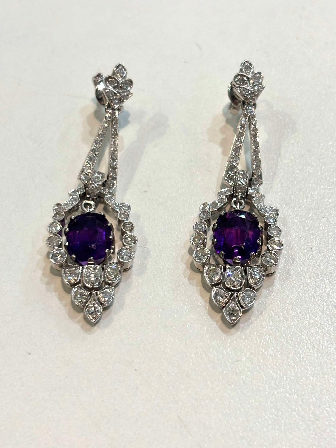 14K WHITE GOLD AMETHYST AND DIAMOND EARRINGS