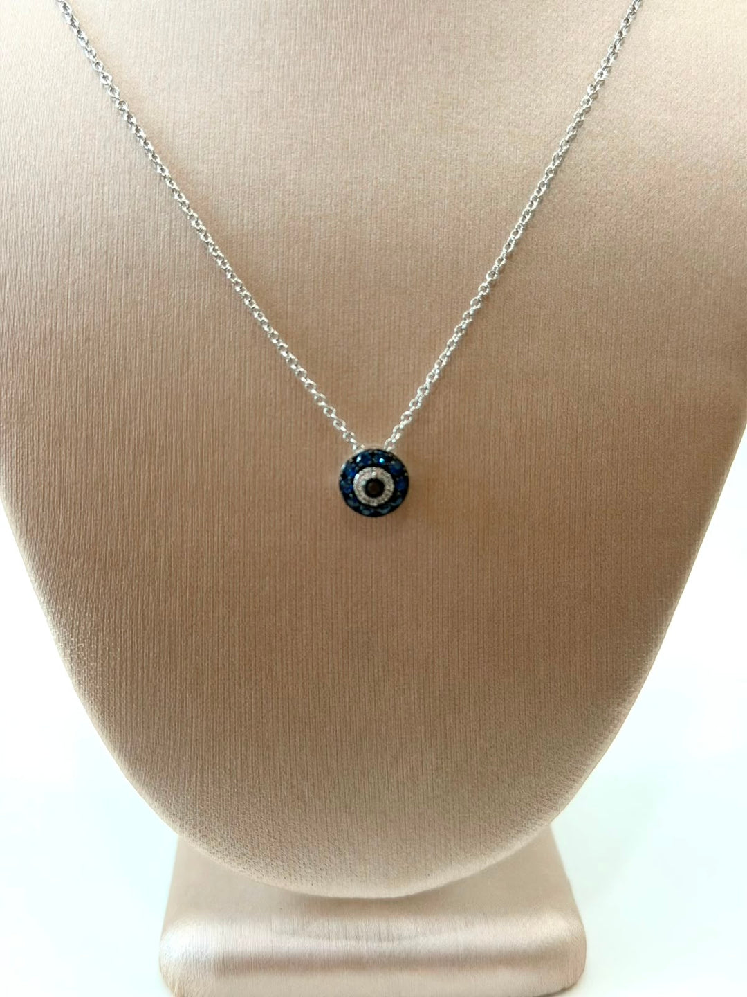 14K WHITE GOLD BLUE SAPPHIRE &amp; DIAMOND EVIL EYE NECKLACE