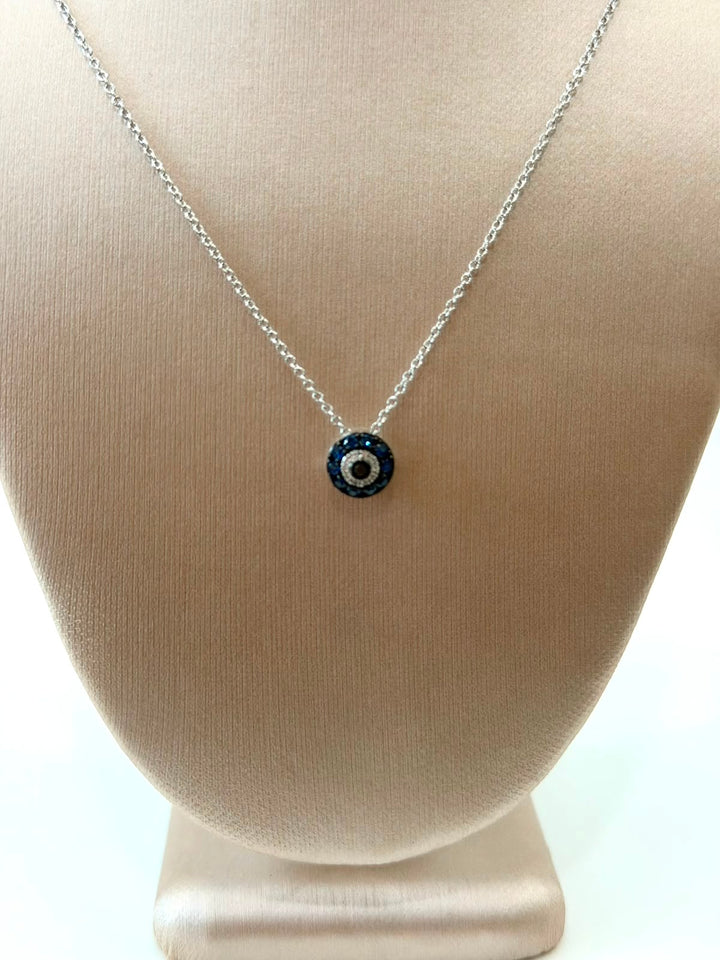 14K WHITE GOLD BLUE SAPPHIRE &amp; DIAMOND EVIL EYE NECKLACE