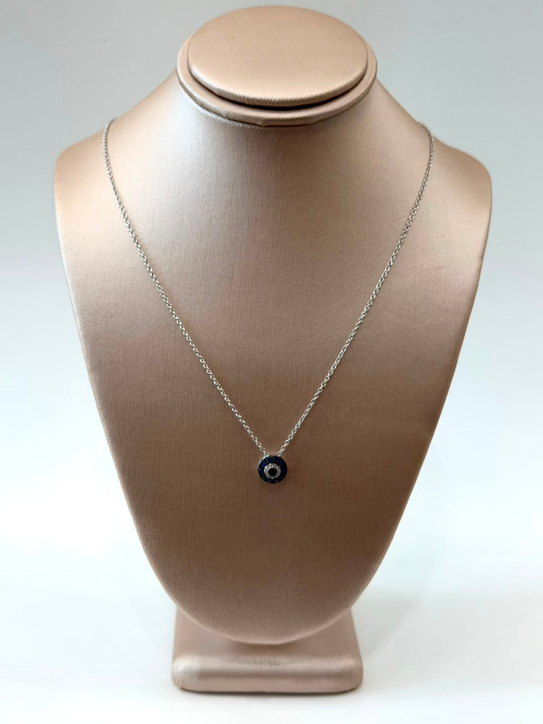 14K WHITE GOLD BLUE SAPPHIRE &amp; DIAMOND EVIL EYE NECKLACE