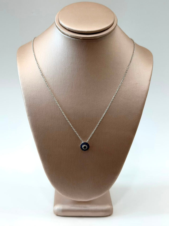 14K WHITE GOLD BLUE SAPPHIRE &amp; DIAMOND EVIL EYE NECKLACE