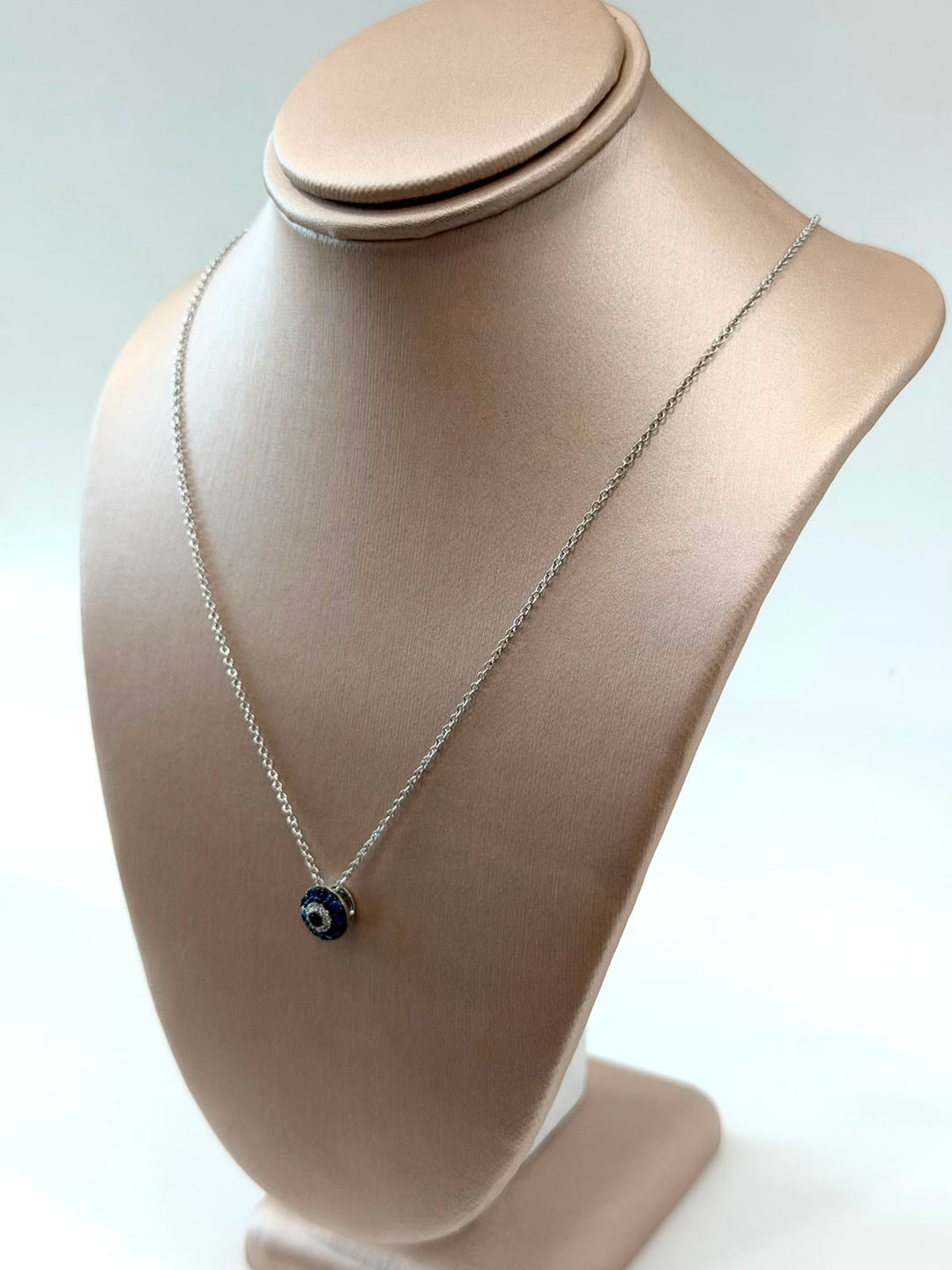 14K WHITE GOLD BLUE SAPPHIRE &amp; DIAMOND EVIL EYE NECKLACE