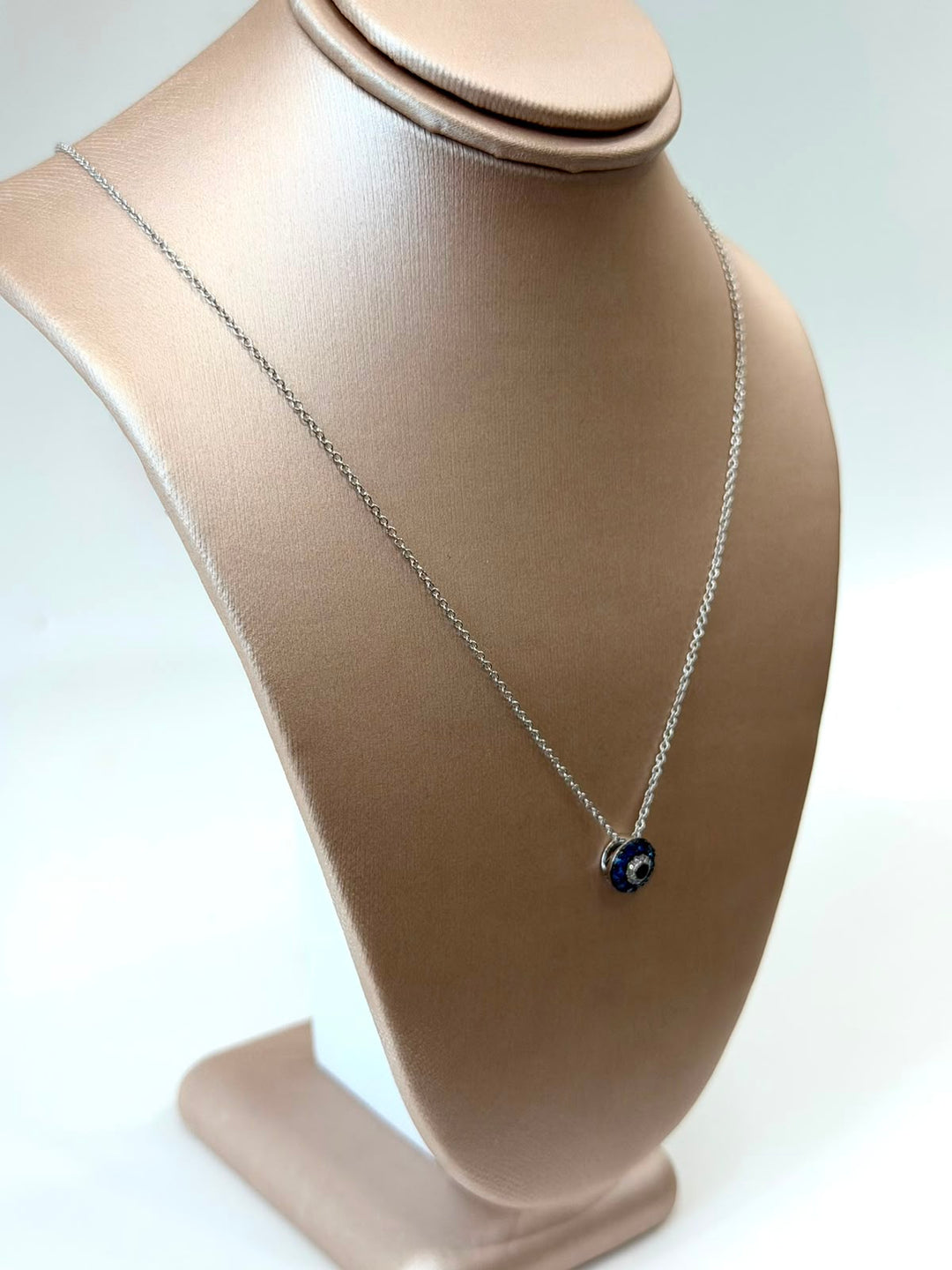 14K WHITE GOLD BLUE SAPPHIRE &amp; DIAMOND EVIL EYE NECKLACE
