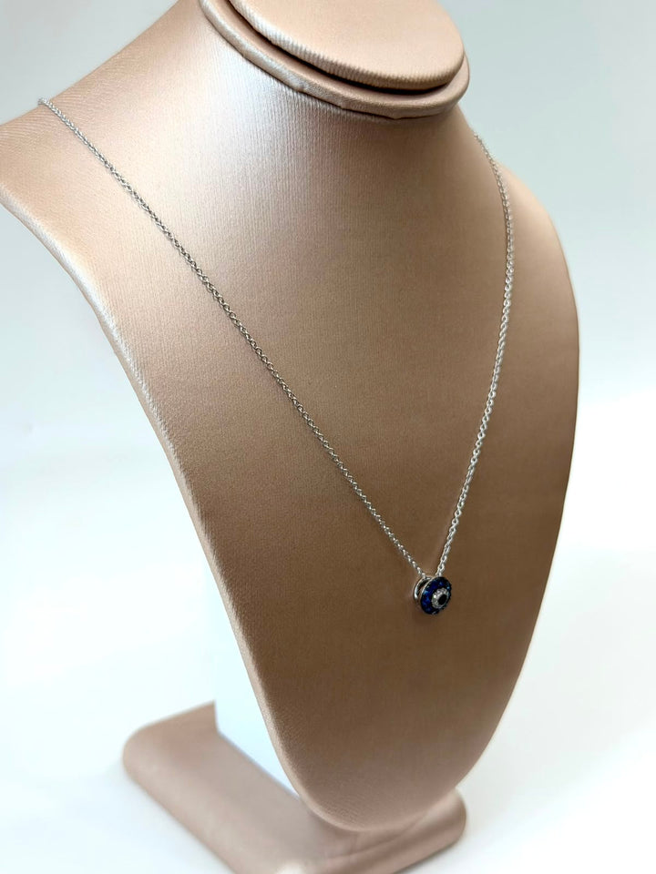 14K WHITE GOLD BLUE SAPPHIRE &amp; DIAMOND EVIL EYE NECKLACE