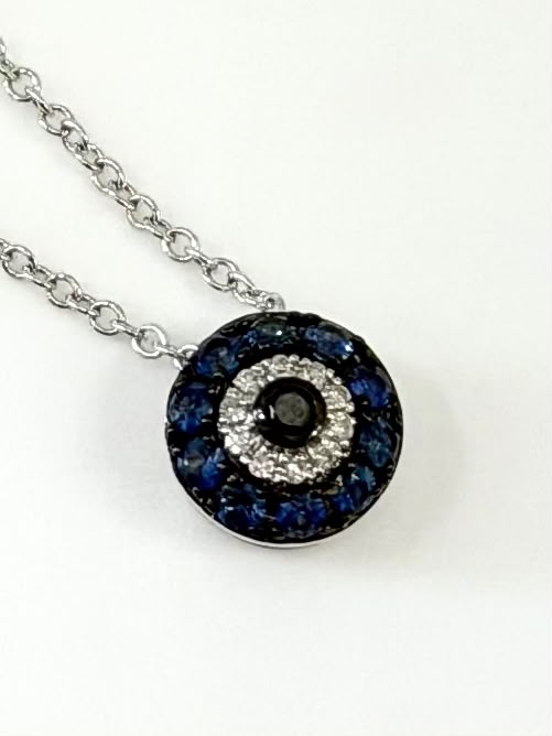 14K WHITE GOLD BLUE SAPPHIRE &amp; DIAMOND EVIL EYE NECKLACE