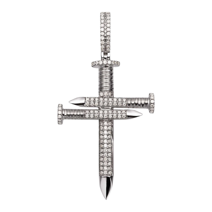 14K WHITE GOLD PAVE DIAMOND NAIL CROSS PENDANT NECKLACE
