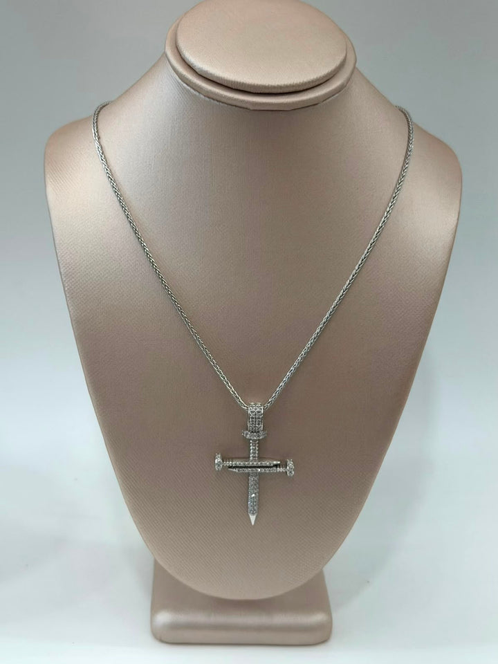 14K WHITE GOLD PAVE DIAMOND NAIL CROSS PENDANT NECKLACE