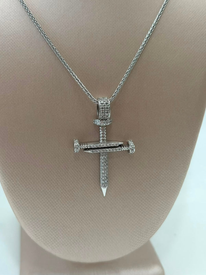 14K WHITE GOLD PAVE DIAMOND NAIL CROSS PENDANT NECKLACE