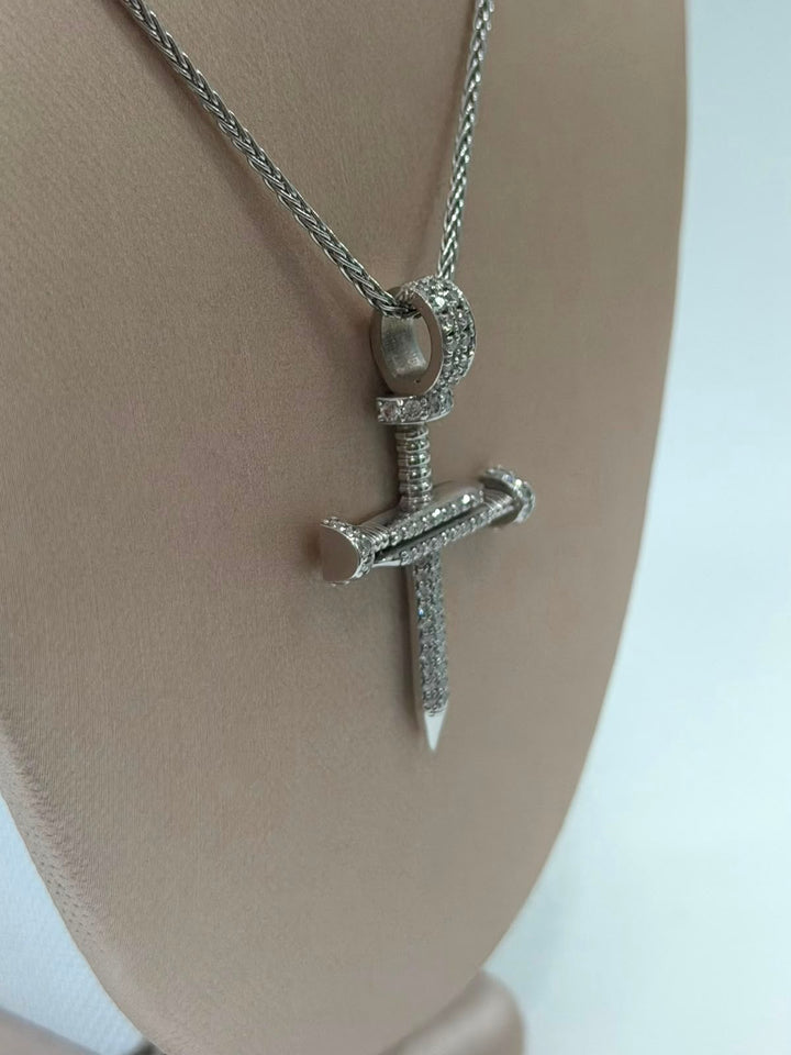 14K WHITE GOLD PAVE DIAMOND NAIL CROSS PENDANT NECKLACE