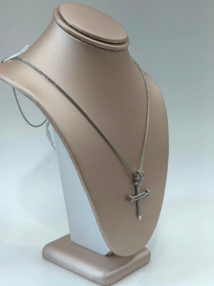 14K WHITE GOLD PAVE DIAMOND NAIL CROSS PENDANT NECKLACE