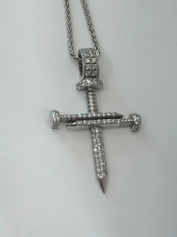 14K WHITE GOLD PAVE DIAMOND NAIL CROSS PENDANT NECKLACE