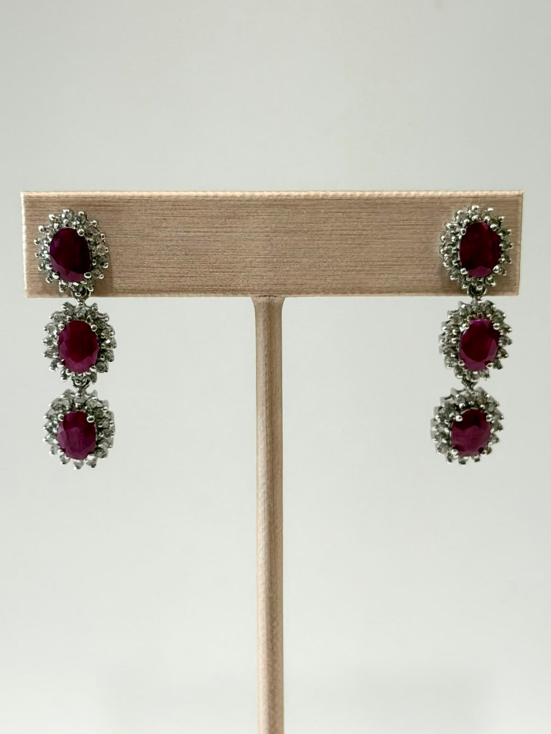 14K WHITE GOLD RUBY &amp; DIAMOND DANGLING EARRINGS