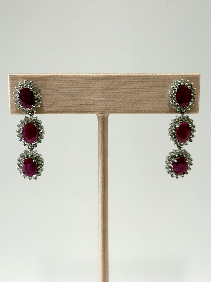 14K WHITE GOLD RUBY &amp; DIAMOND DANGLING EARRINGS