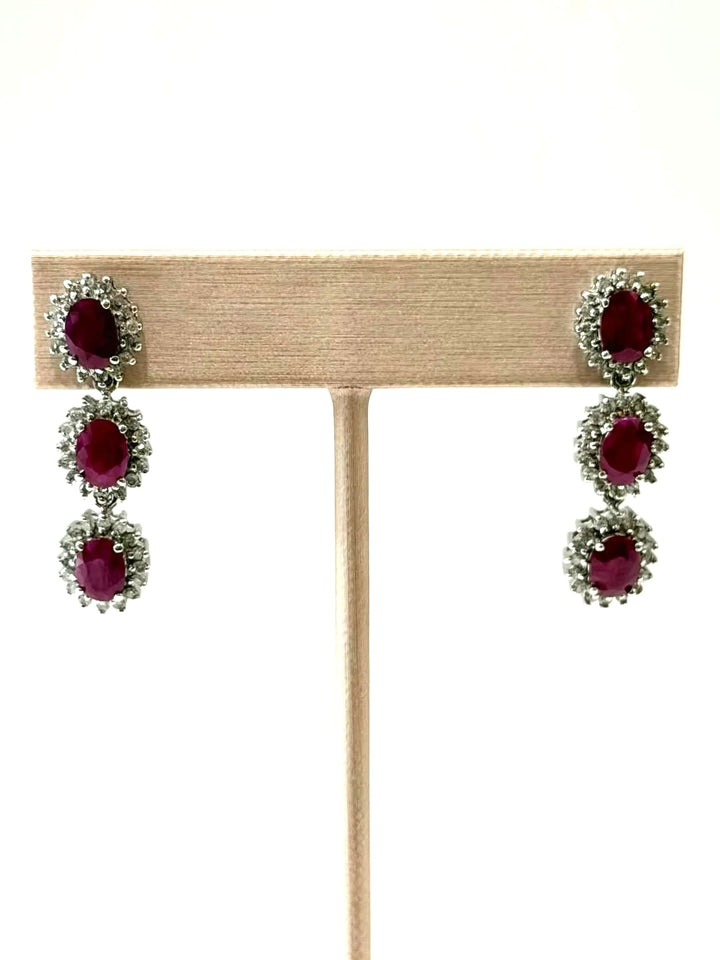 14K WHITE GOLD RUBY &amp; DIAMOND DANGLING EARRINGS