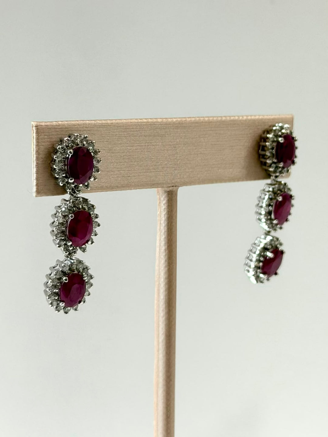 14K WHITE GOLD RUBY &amp; DIAMOND DANGLING EARRINGS
