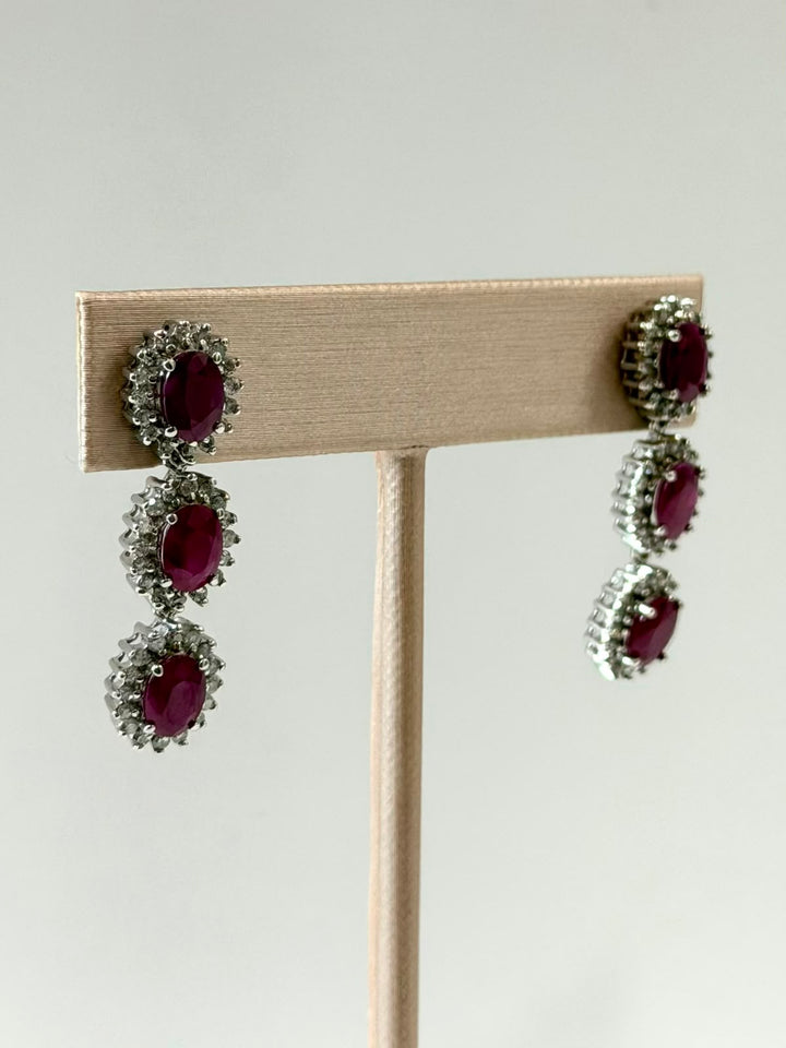 14K WHITE GOLD RUBY &amp; DIAMOND DANGLING EARRINGS