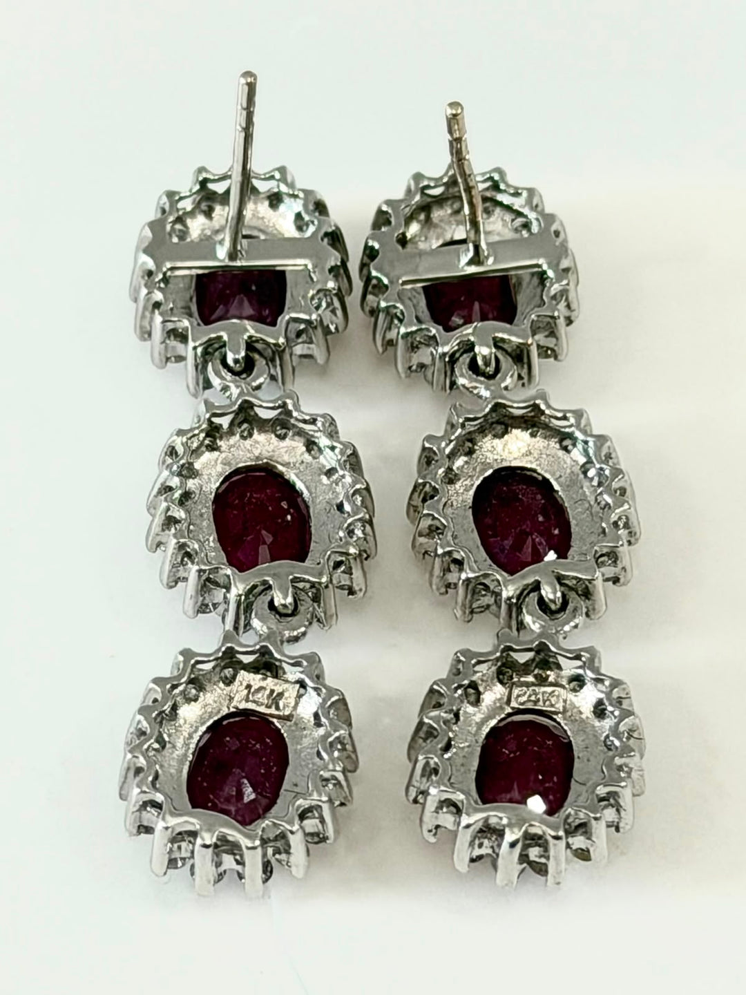 14K WHITE GOLD RUBY &amp; DIAMOND DANGLING EARRINGS