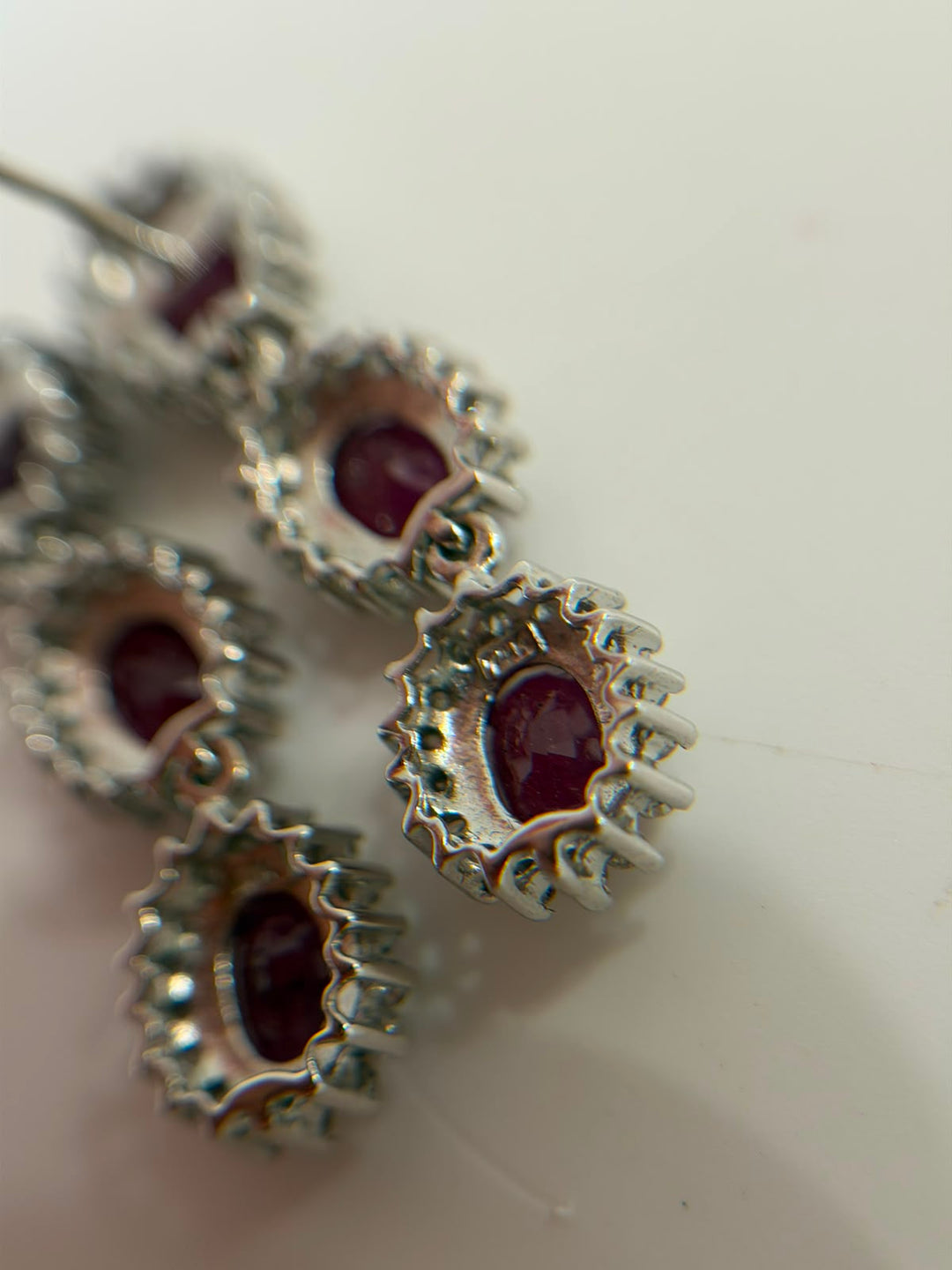 14K WHITE GOLD RUBY &amp; DIAMOND DANGLING EARRINGS