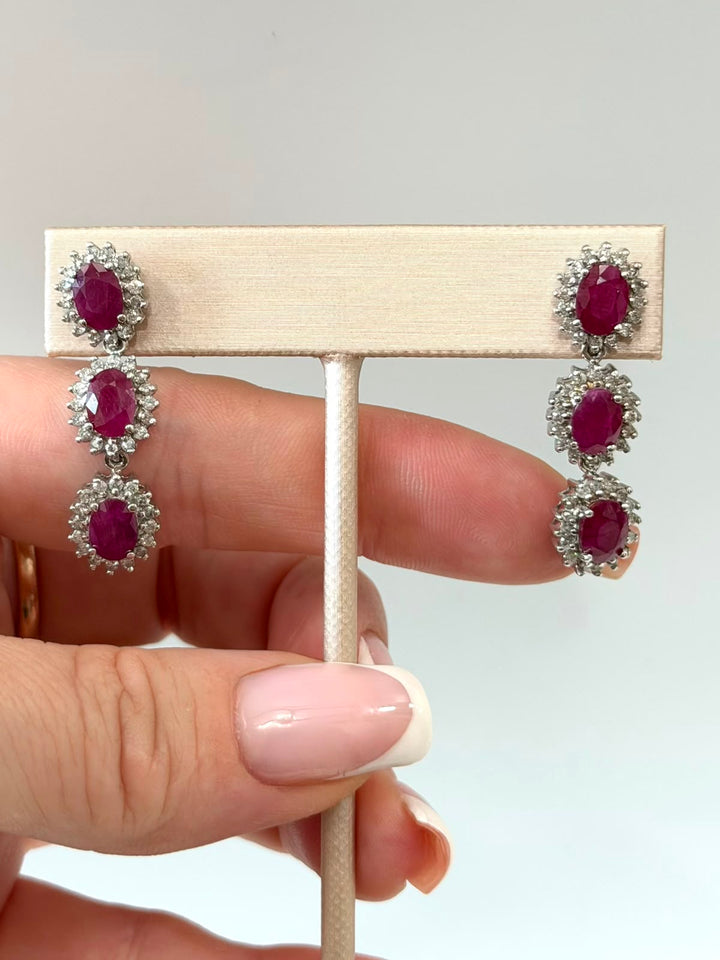 14K WHITE GOLD RUBY &amp; DIAMOND DANGLING EARRINGS