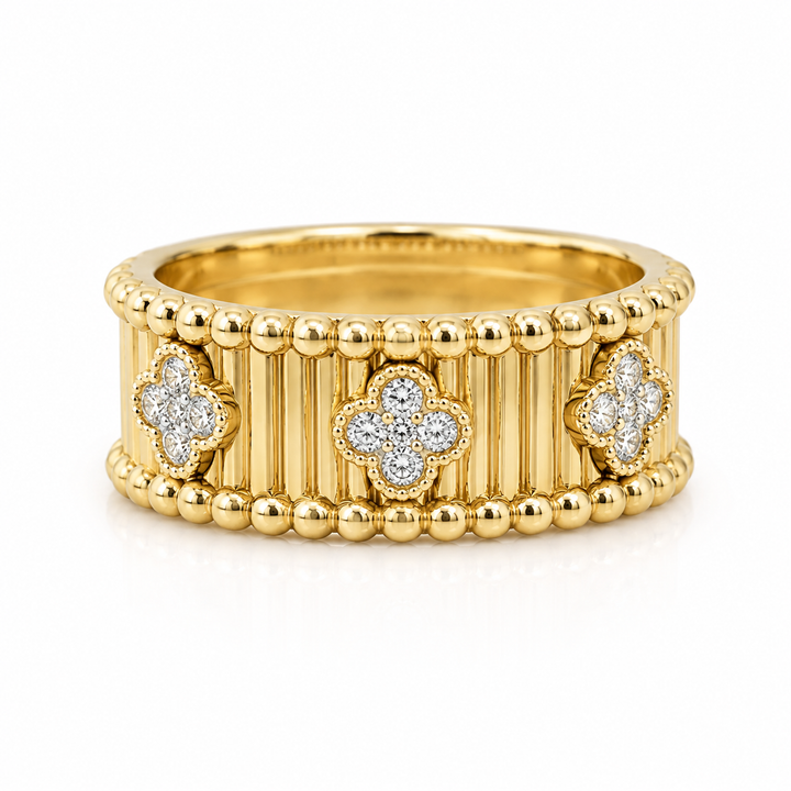 14K YELLOW GOLD DIAMOND CLOVER WIDE BAND RING