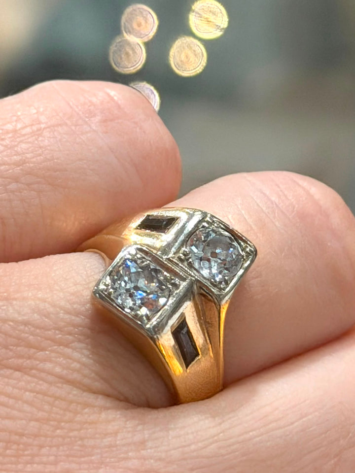 14K YELLOW GOLD DIAMOND &amp; RED GEMSTONE RING
