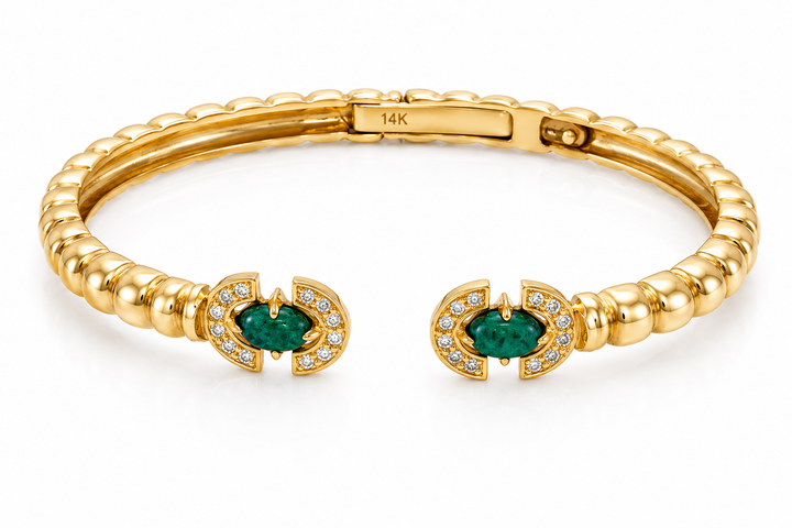 14K YELLOW GOLD EMERALD &amp; DIAMOND CUFF BRACELET