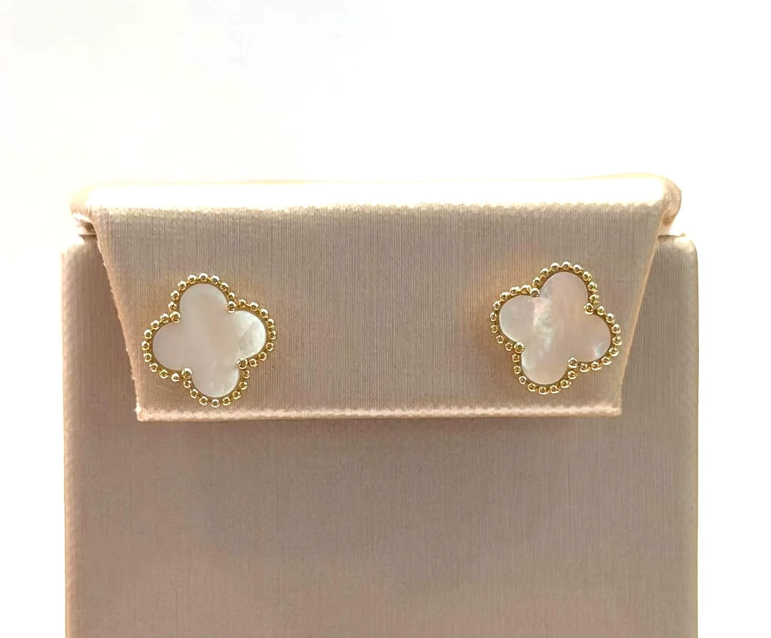 14K YELLOW GOLD MOTHER OF PEARL CLOVER STUD EARRINGS