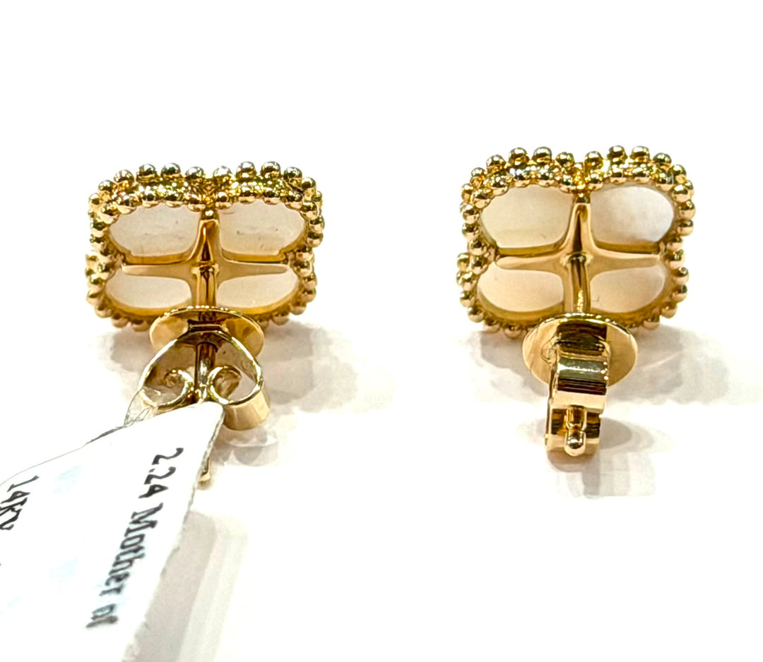 14K YELLOW GOLD MOTHER OF PEARL CLOVER STUD EARRINGS