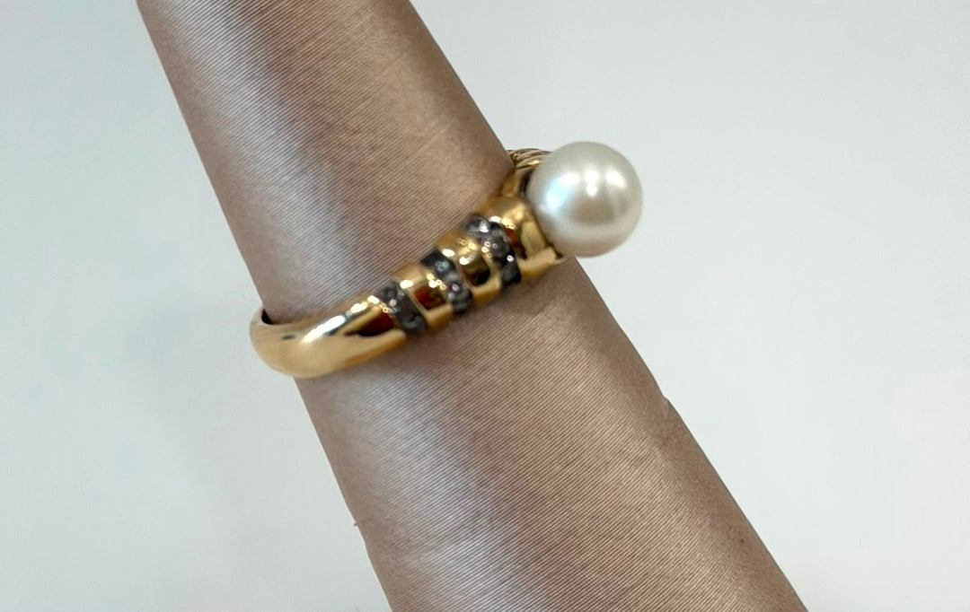 14K YELLOW GOLD PEARL &amp; DIAMOND RING
