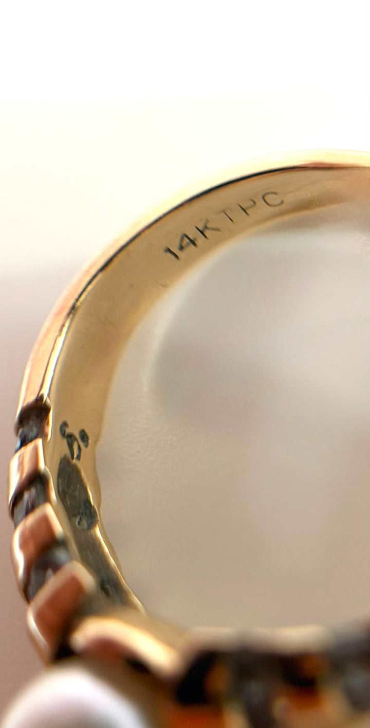 14K YELLOW GOLD PEARL &amp; DIAMOND RING